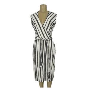 Evereve Small Women Wrap Midi Dress Striped Sleeveless Linen Blend V-neck L3